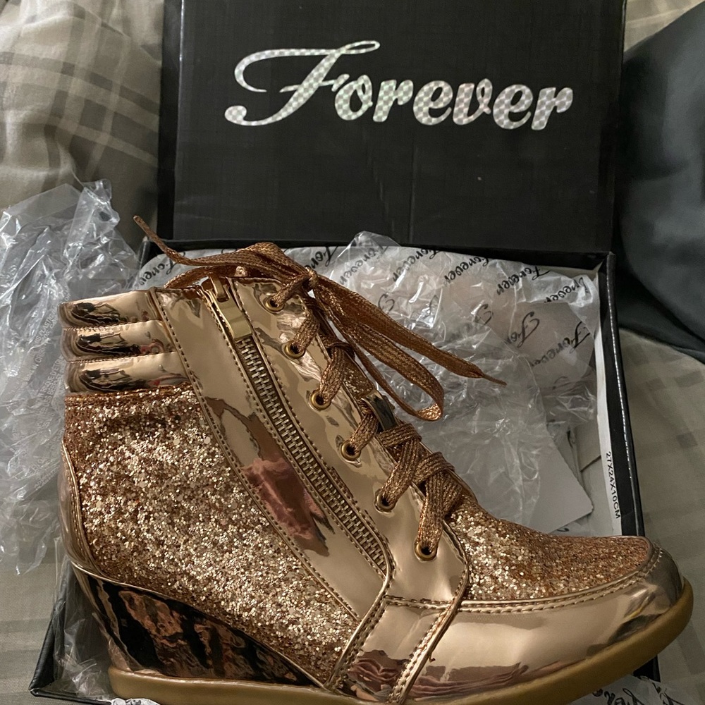 Forever Link Women's Fashion Glitter High Top Lace Up Wedge Sneaker Shoes - Picture 6 of 7